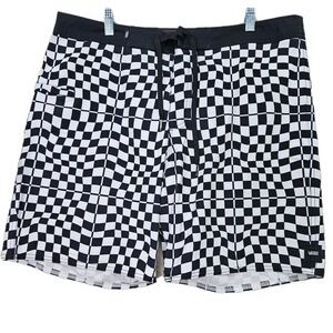 Vans Checkerboard Board Shorts Mens 34 Black White Surf Swim Stretch Tie Closure